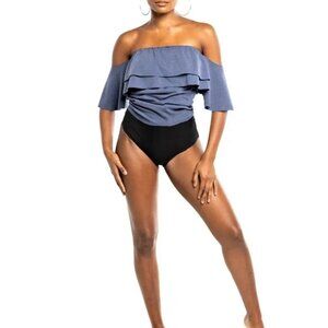 Womens Dai Moda Body Suit Off The Showlder Doubl Ruffle Color Blue Size Large L